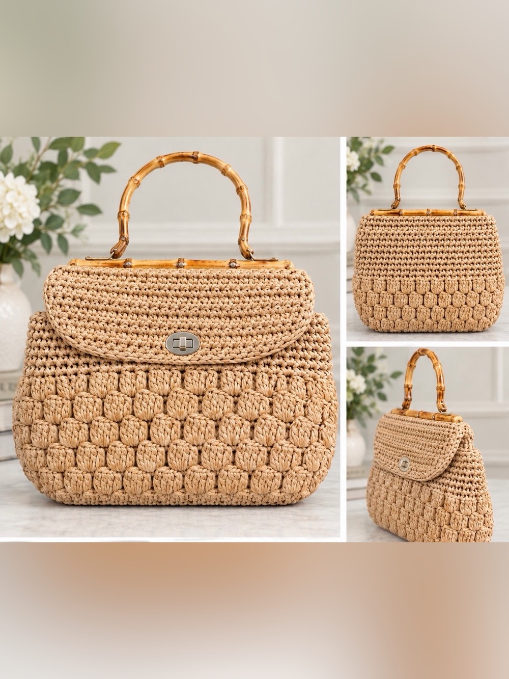Rare Mid-Century Vintage Japanese Handwoven Straw Bag with Bamboo Handles